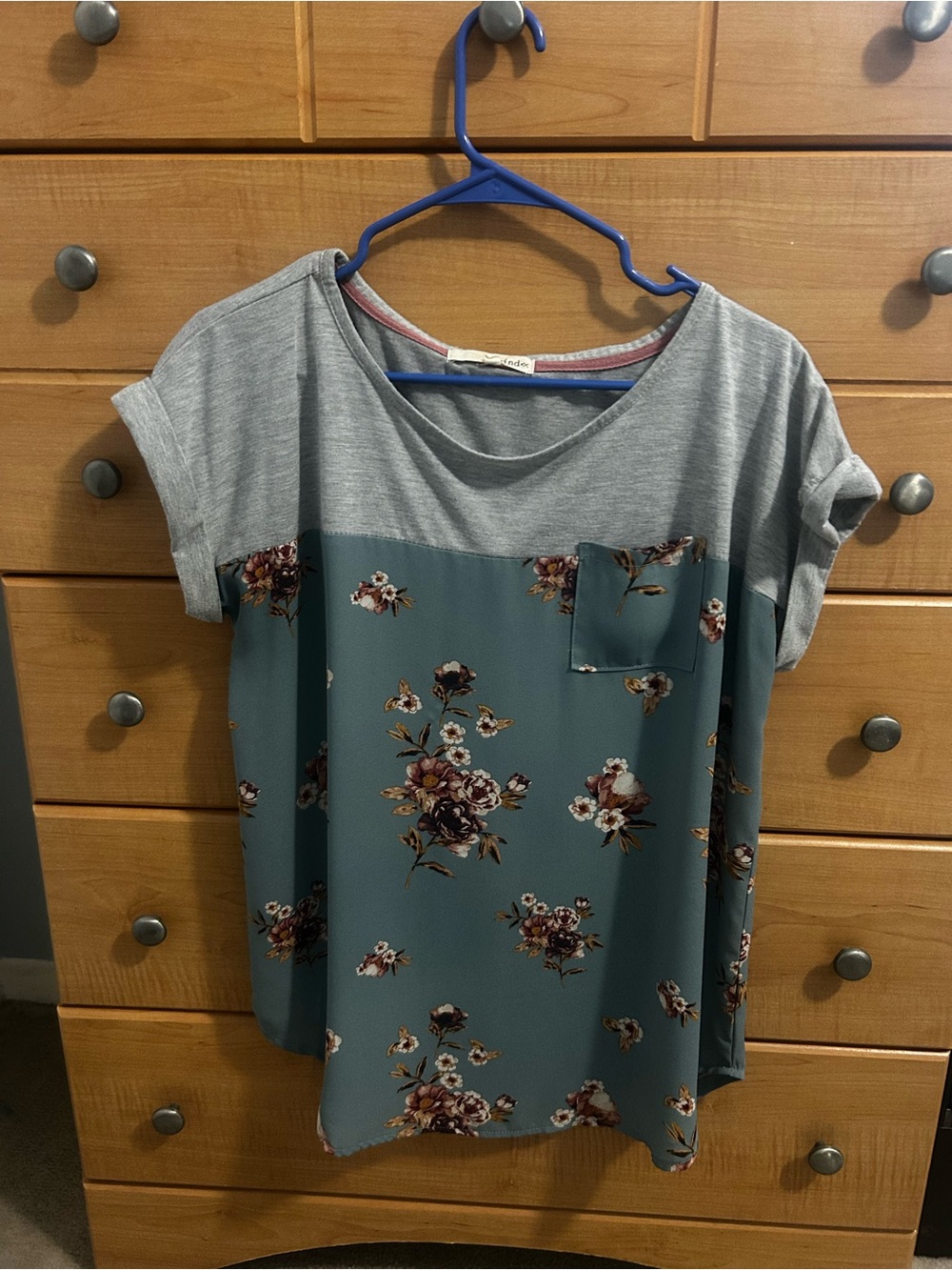 Rewind Slate Blue Floral Contrast Pocket Tee
